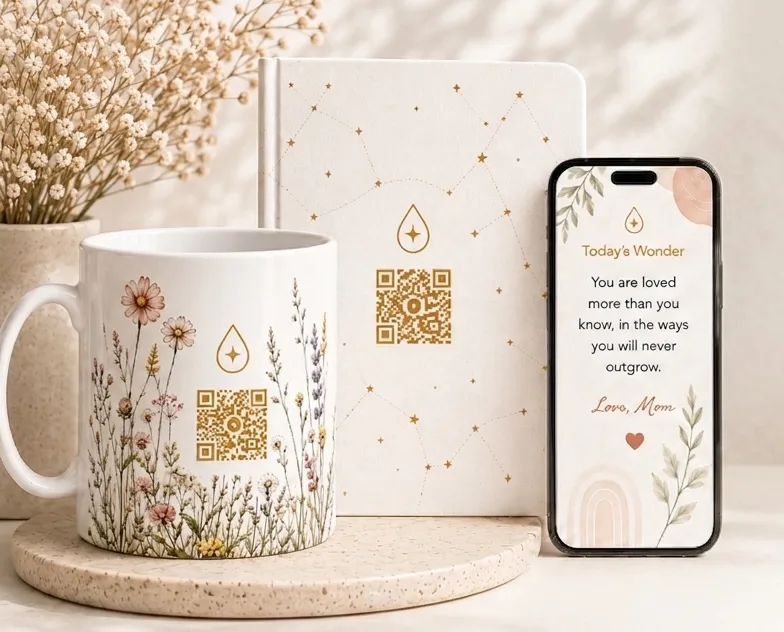 A Wonder Drop mug and journal beside a phone showing today's note